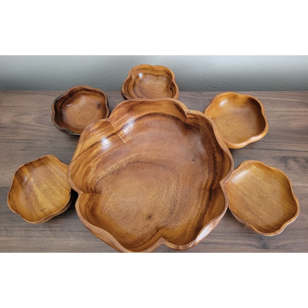 Vtg Mid-Century Modern Scalloped Monkey Pod Wood Salad Bowl Set Carved Set Of 6